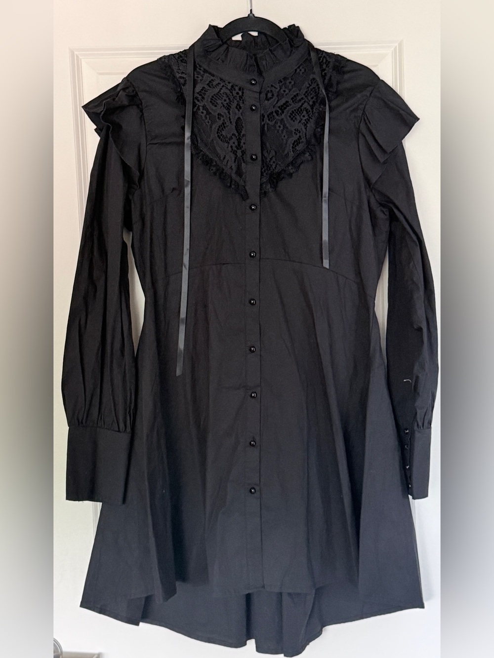 Killstar Black Lace-Yoke Long Sleeve Button Front Dress